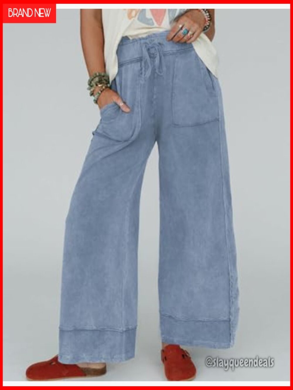 Wide Leg Sweatpants with Pockets Elastic Waist High Rise Palazzo Pants - Picture 2 of 7